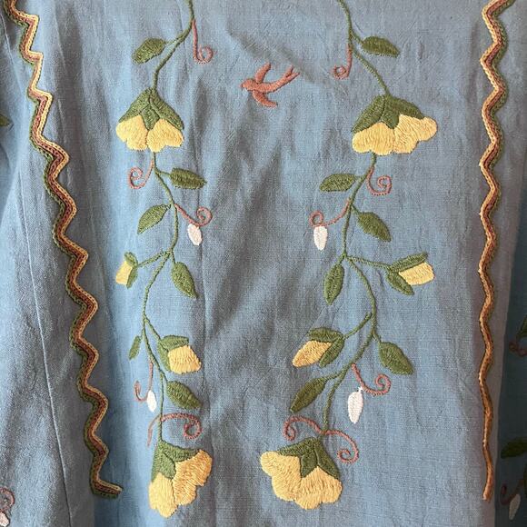 Mi Golondrina Mexico Embroidered Blue Yellow Floral Blouse Huipil Medium - Picture 4 of 8